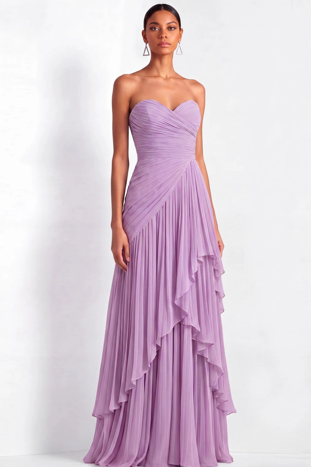Lilac Sweetheart Pleated Ruffle Maxi Dress