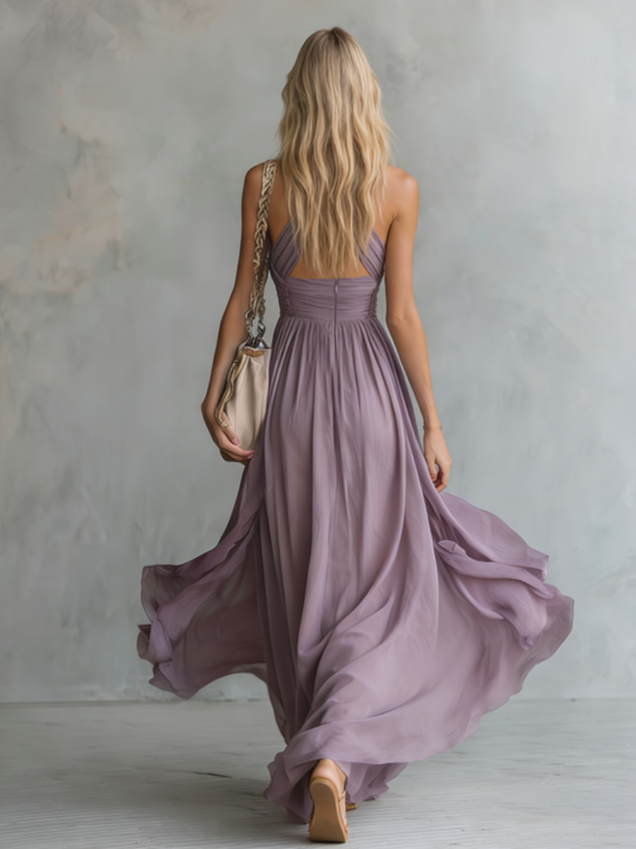 Elegant And Stylish Halter Neck V-neck Sleeveless Chiffon Maxi Dress