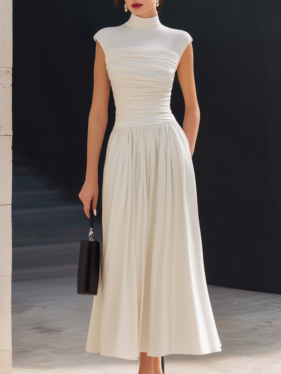 High-Neck Ruched Bodice Sleeveless Midi Dress