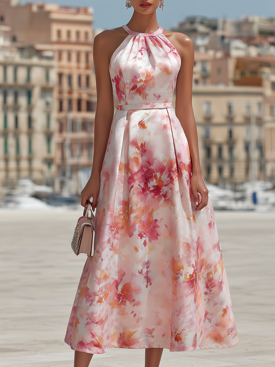 Elegant Watercolor Floral Halter Neck Satin A-Line Midi Dress