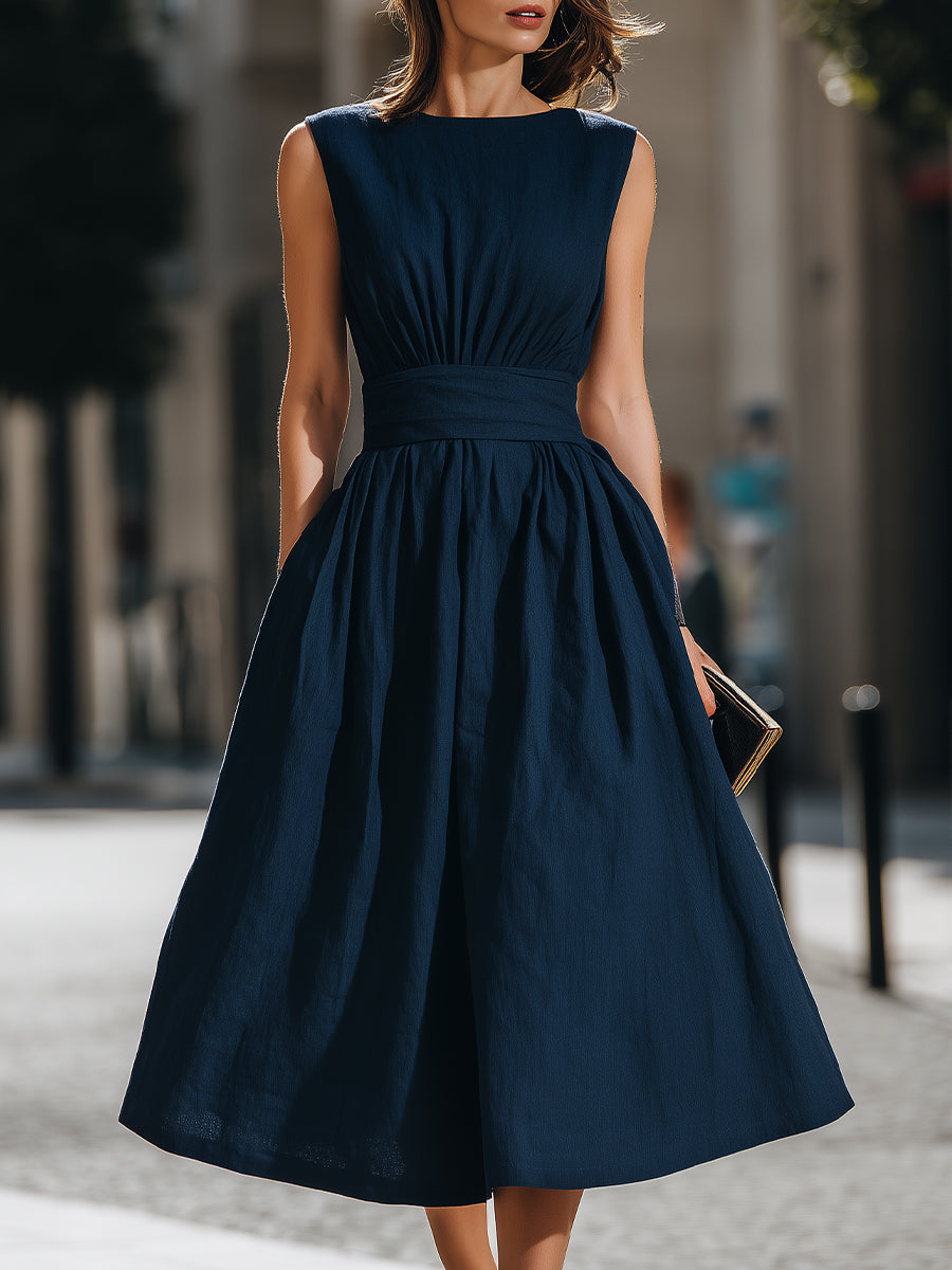 Gathered Waist Sleeveless A-Line Midi Dress