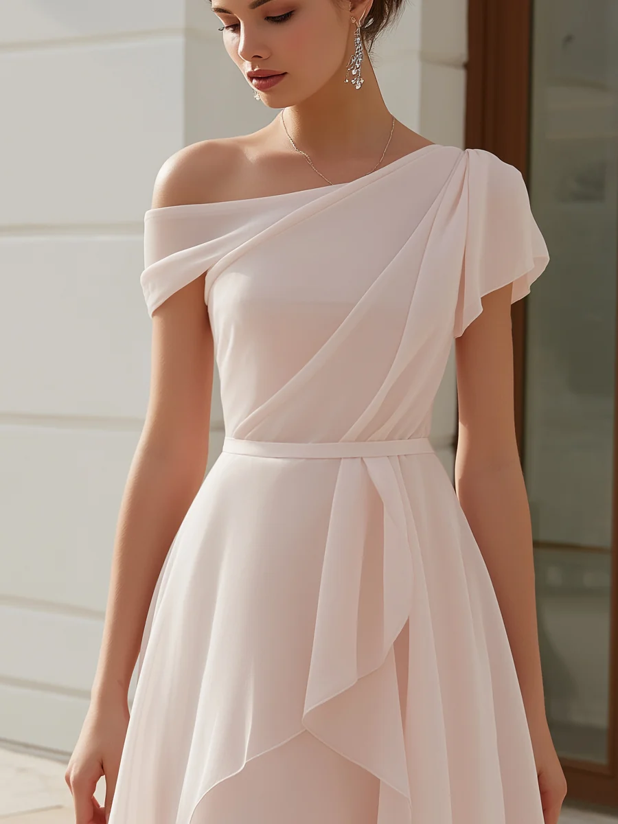 One-Shoulder Draped Chiffon A-Line Mini Dress
