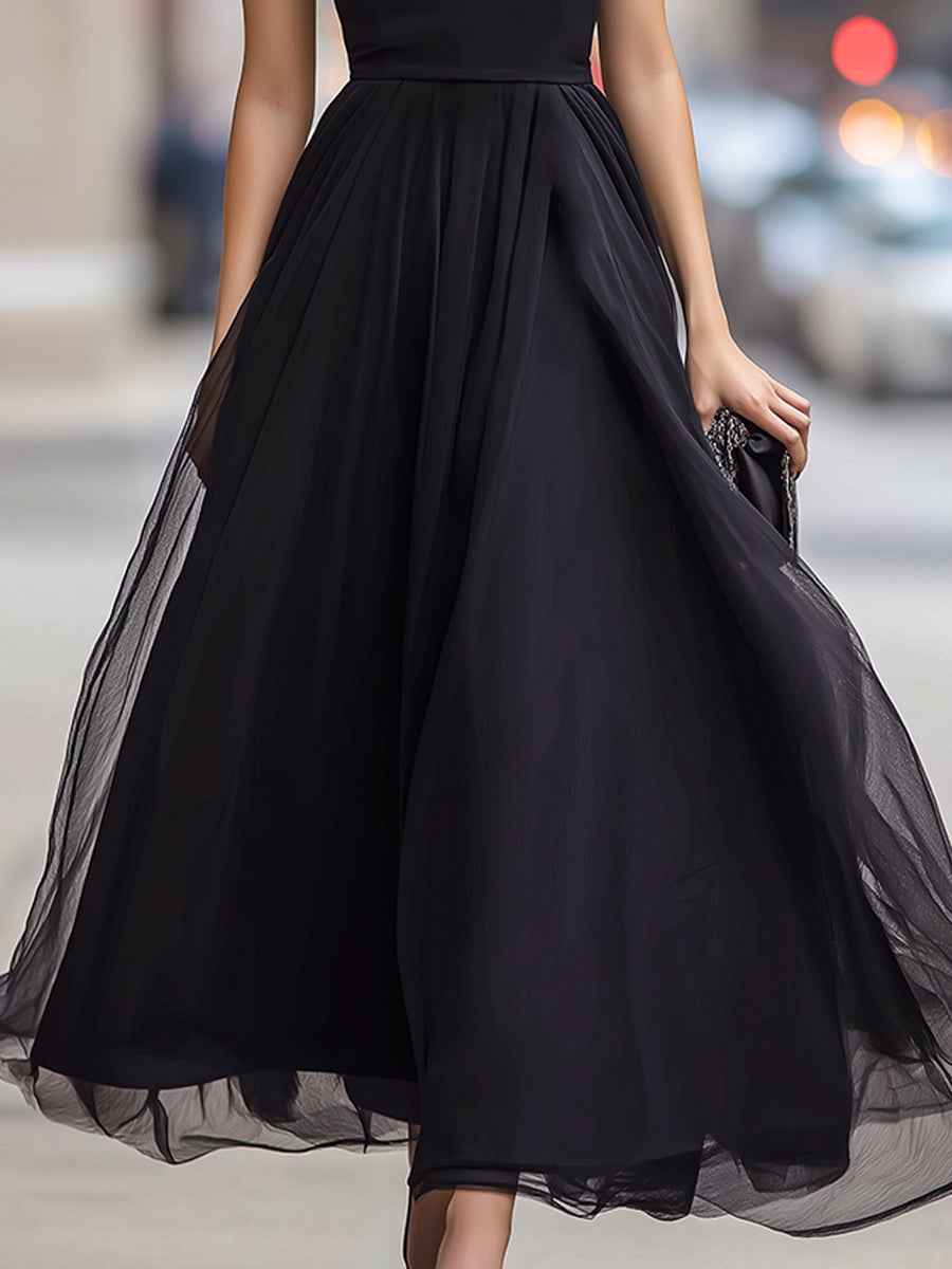 Sheer Panel High-Neck Pleated A-Line Midi Dress