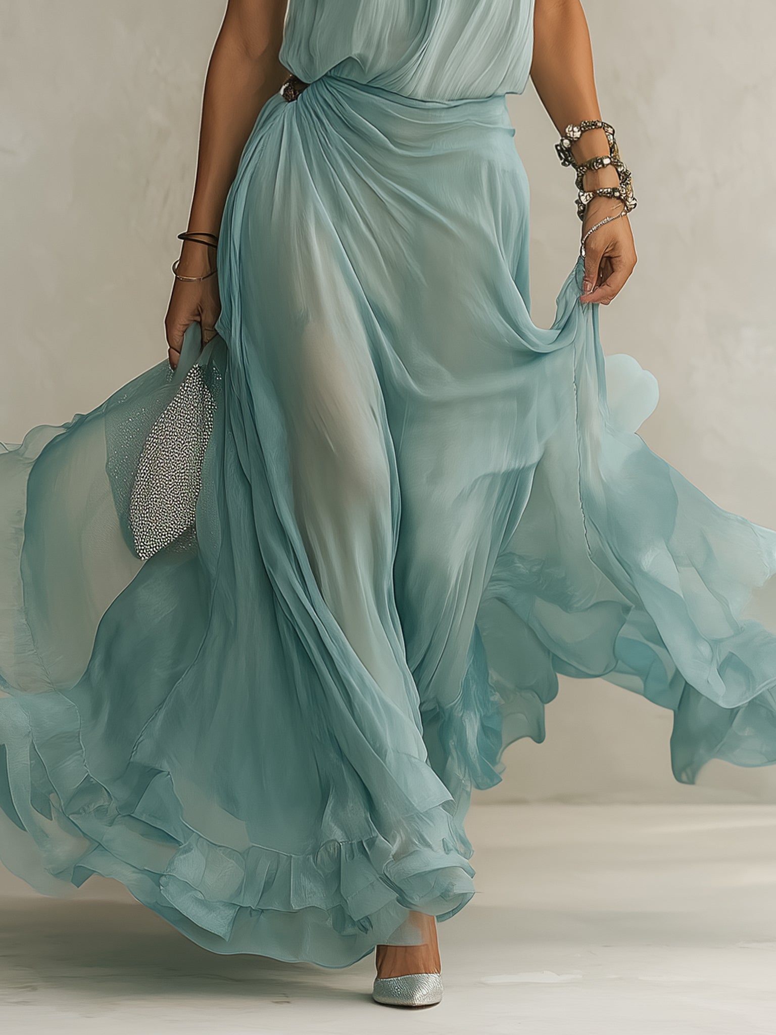 Blue Chiffon Sleeveless Maxi Dress With 3D Floral Accents
