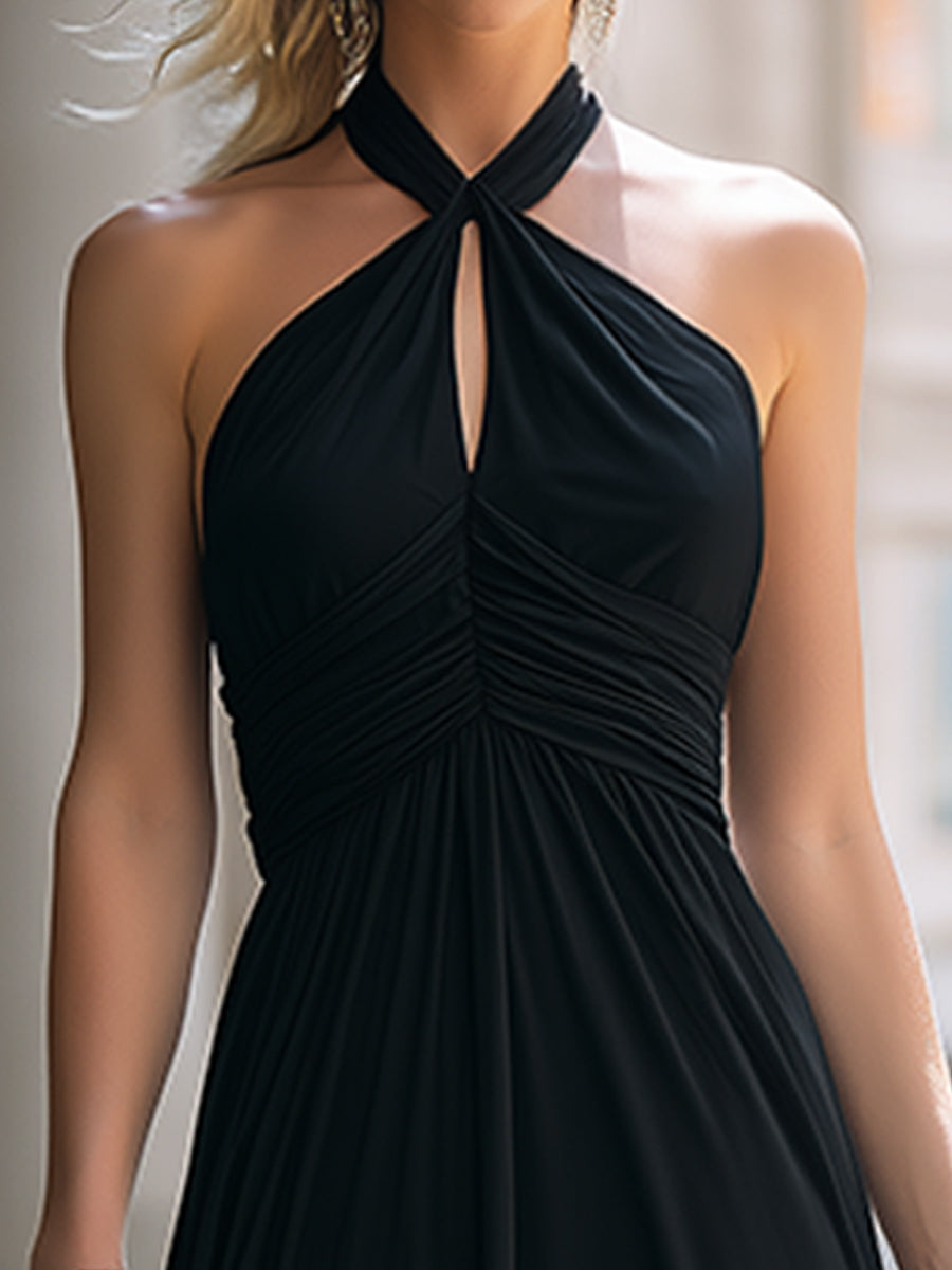 Halter Neck Ruched Bodice Flowing Maxi Evening Dress