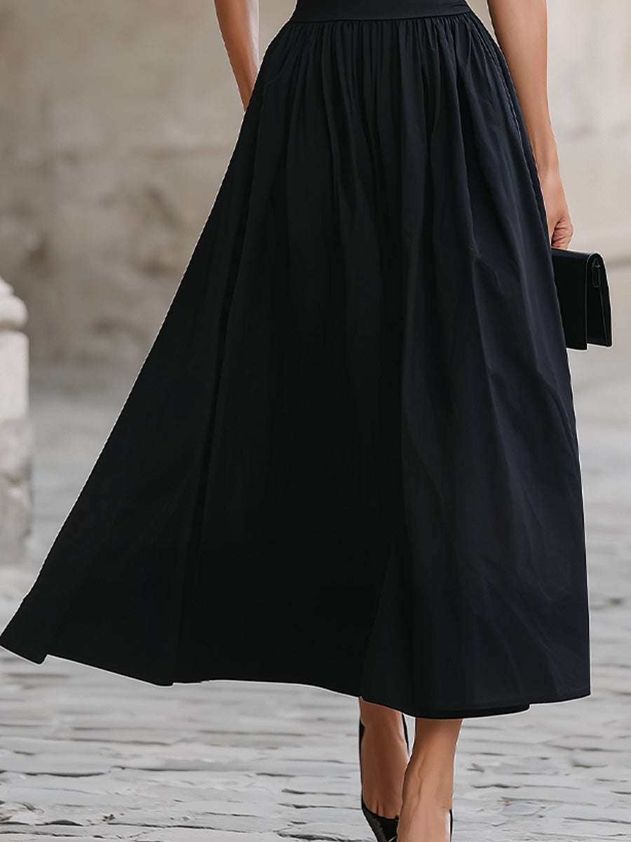 Black Off-the-Shoulder Short-Sleeve Fit-and-Flare Maxi Dress