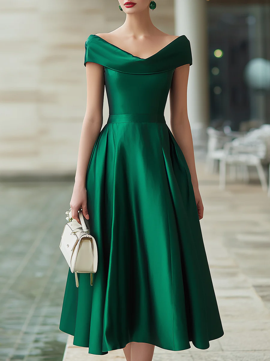 Off-Shoulder Satin A-Line Midi Dress