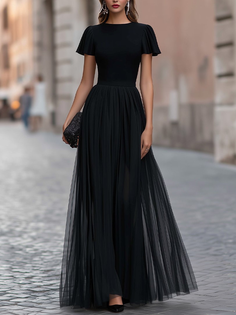 Flutter Sleeve Pleated A-Line Maxi Dress