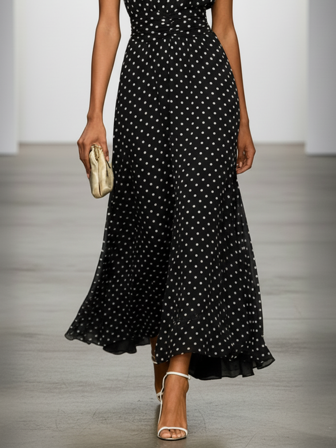 White Polka Dots Ruched Chiffon Crew Neck Sleeveless A-Line Maxi Dress