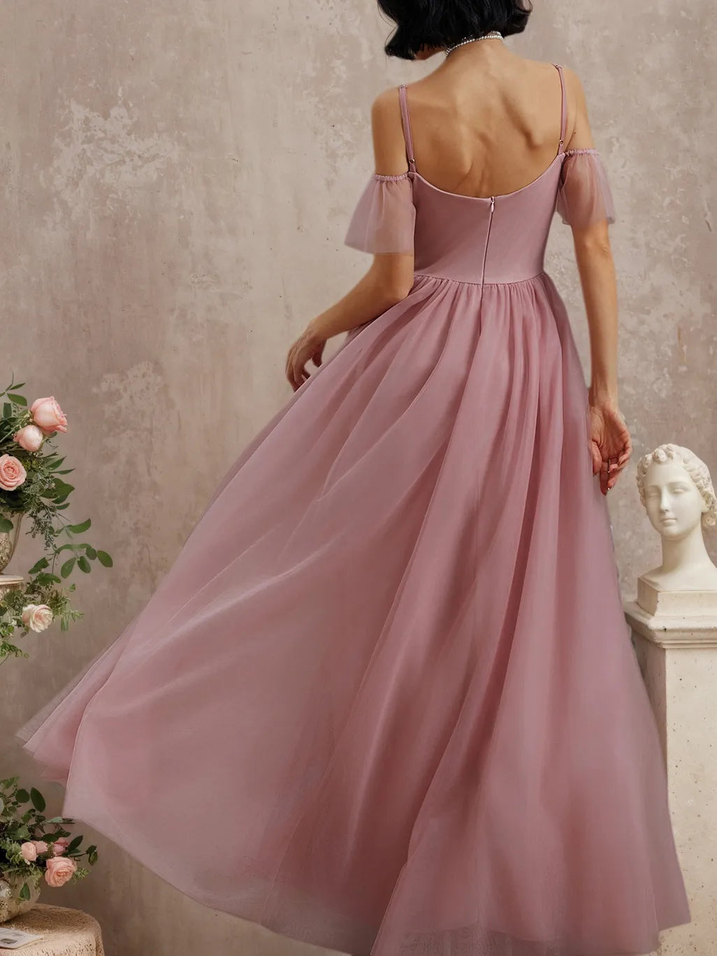 Pink Classic Off The Shoulder Short Sleeve A-Line Maxi Dress