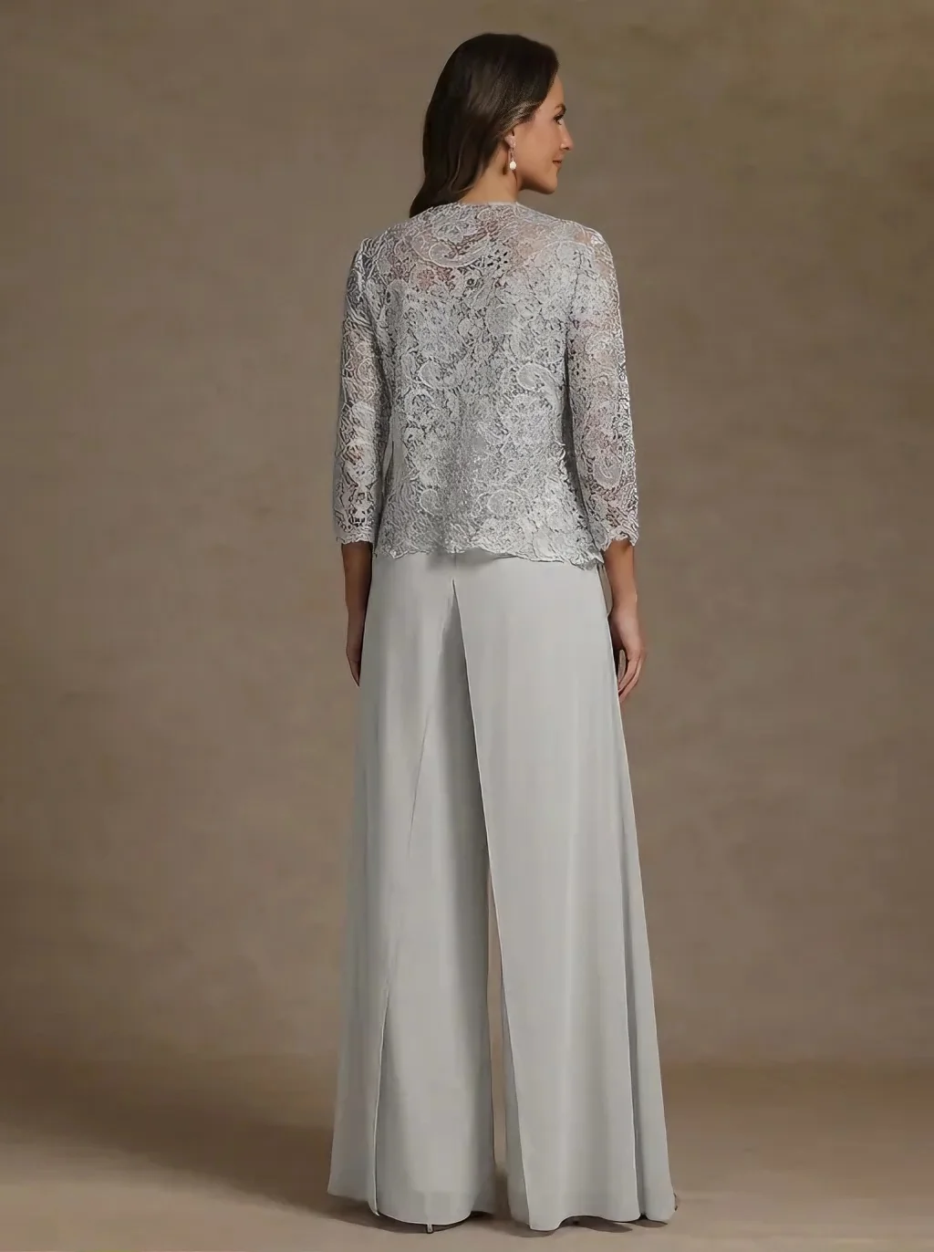 3 Pieces Square Collar Chiffon Mother of the Bride Pantsuits with Jacket Lace Ankle-Length with Overskirt 3/4 Sleeves