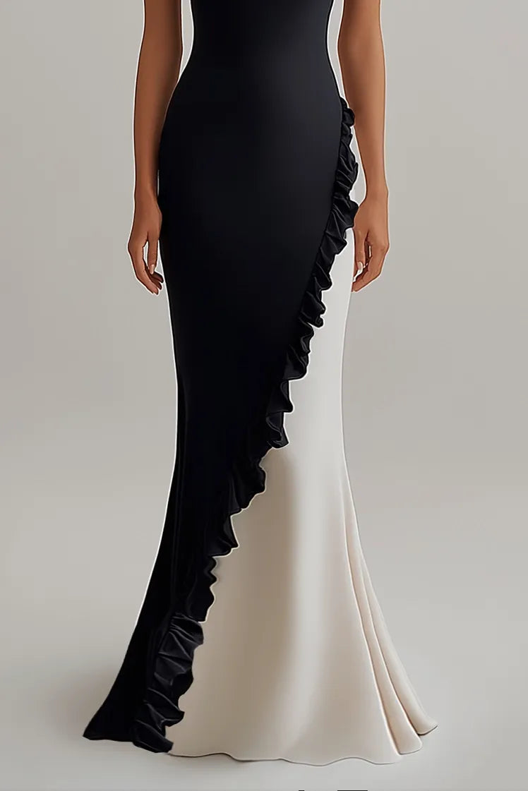 Formal Evening Gown Color Block Off-Shoulder Ruffle Floor-Length Dress