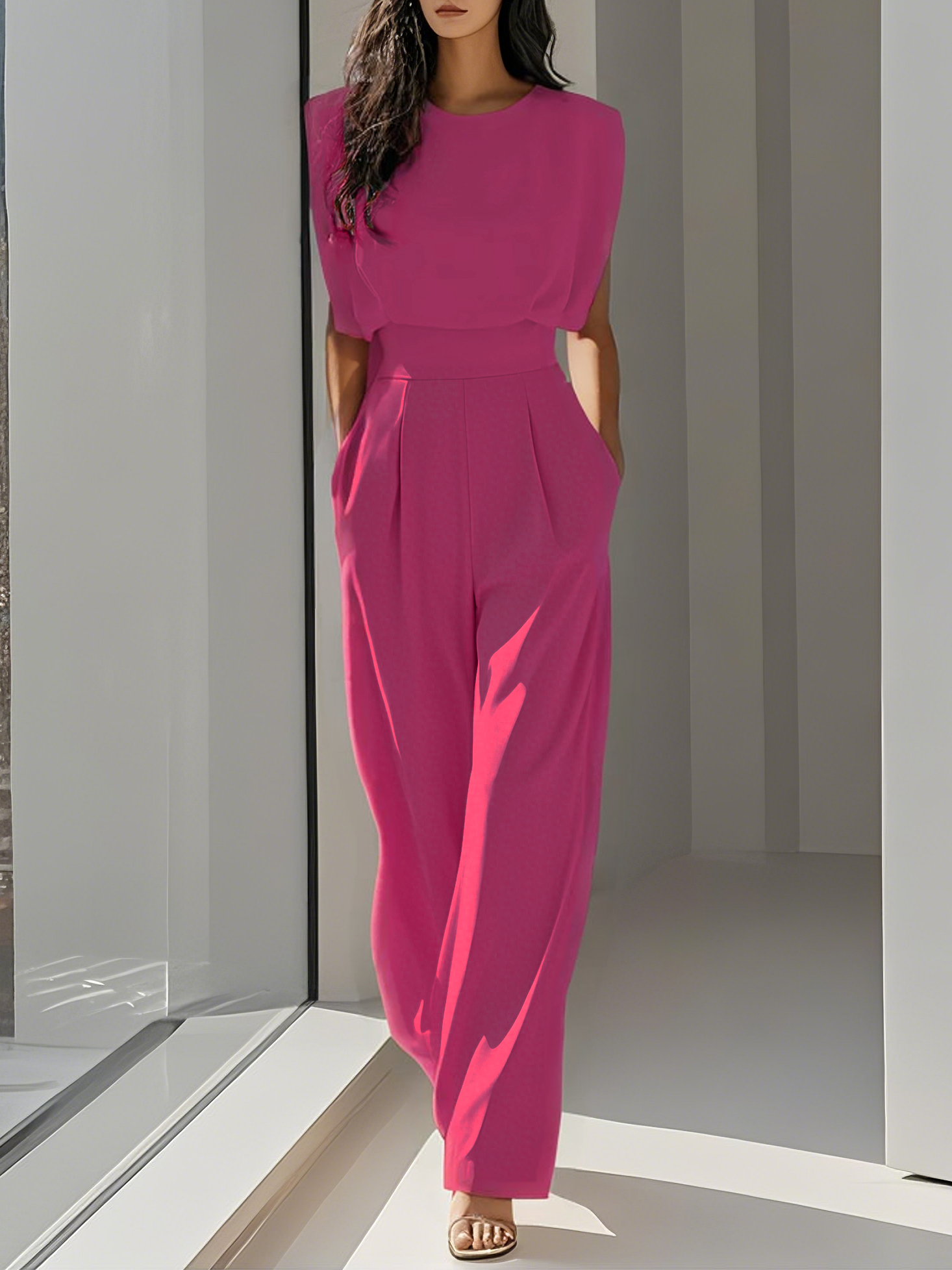 Women Off White Crew Neck Sleeveless Dressy Jumpsuit With Pockets