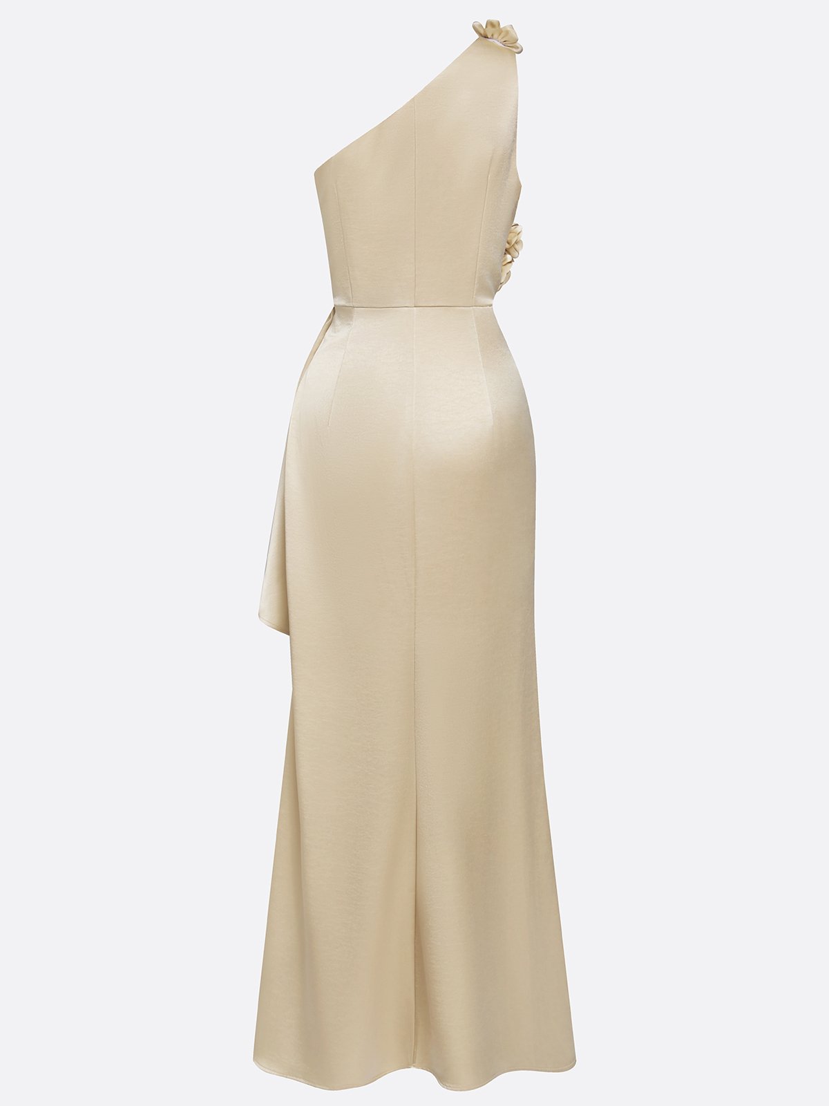 Champagne 3D Floral Ruched Satin One Shoulder Sleeveless Sheath Floor-length Gown Dress