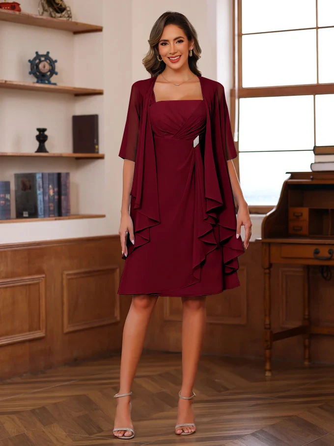  A-Line/Princess Square Neck Knee-Length Mother of the Bride Dresses With Ruffles & Jacket