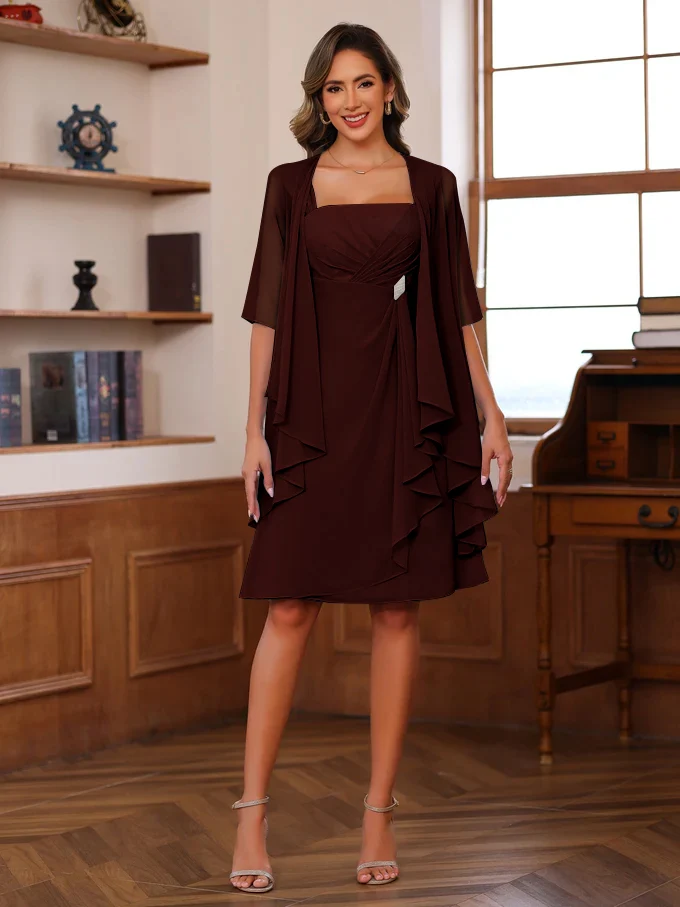  A-Line/Princess Square Neck Knee-Length Mother of the Bride Dresses With Ruffles & Jacket