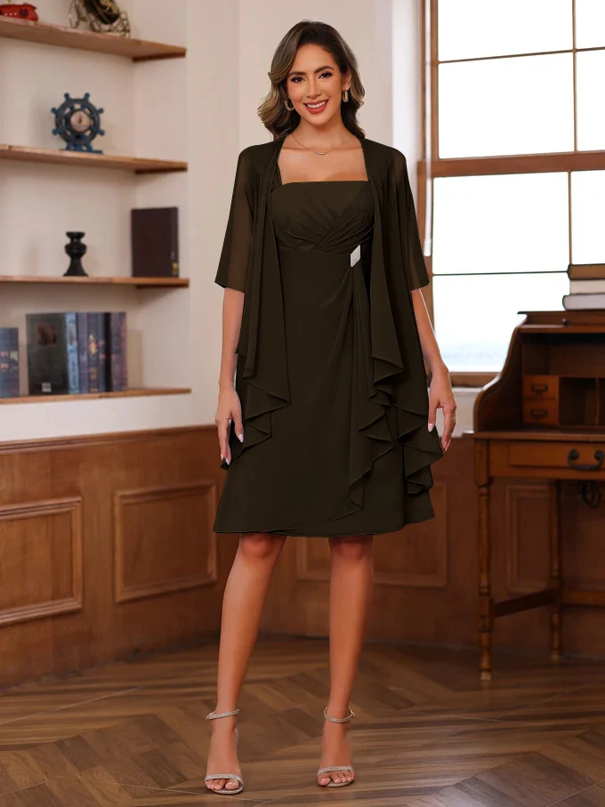  A-Line/Princess Square Neck Knee-Length Mother of the Bride Dresses With Ruffles & Jacket