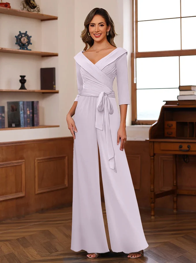 Ruched Chiffon V-Neck 3/4 Sleeves Mother of the Jumpsuit
