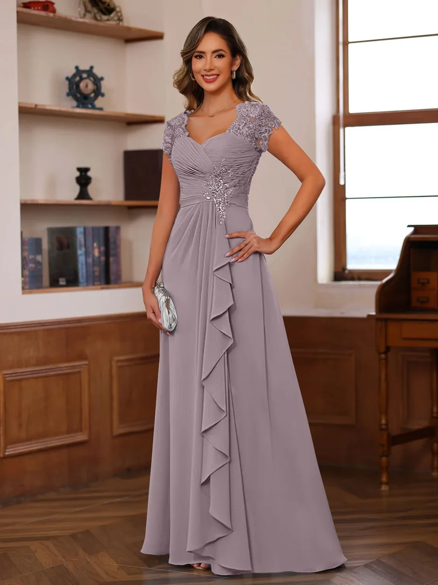A-Line/Princess V-Neck Short Sleeves Pleated Mother of the Bride & Groom Dresses with Ruffles & Appliques
