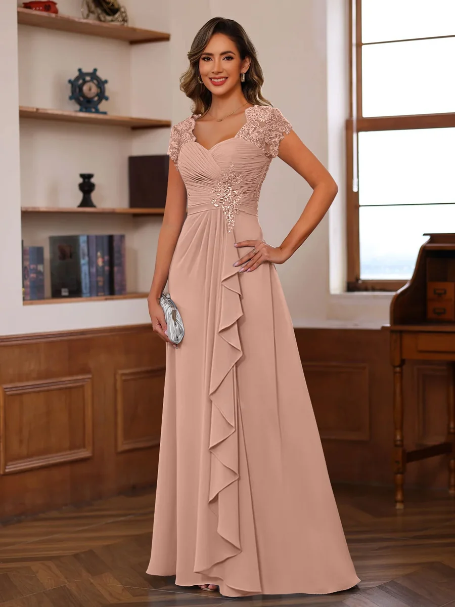 A-Line/Princess V-Neck Short Sleeves Pleated Mother of the Bride & Groom Dresses with Ruffles & Appliques