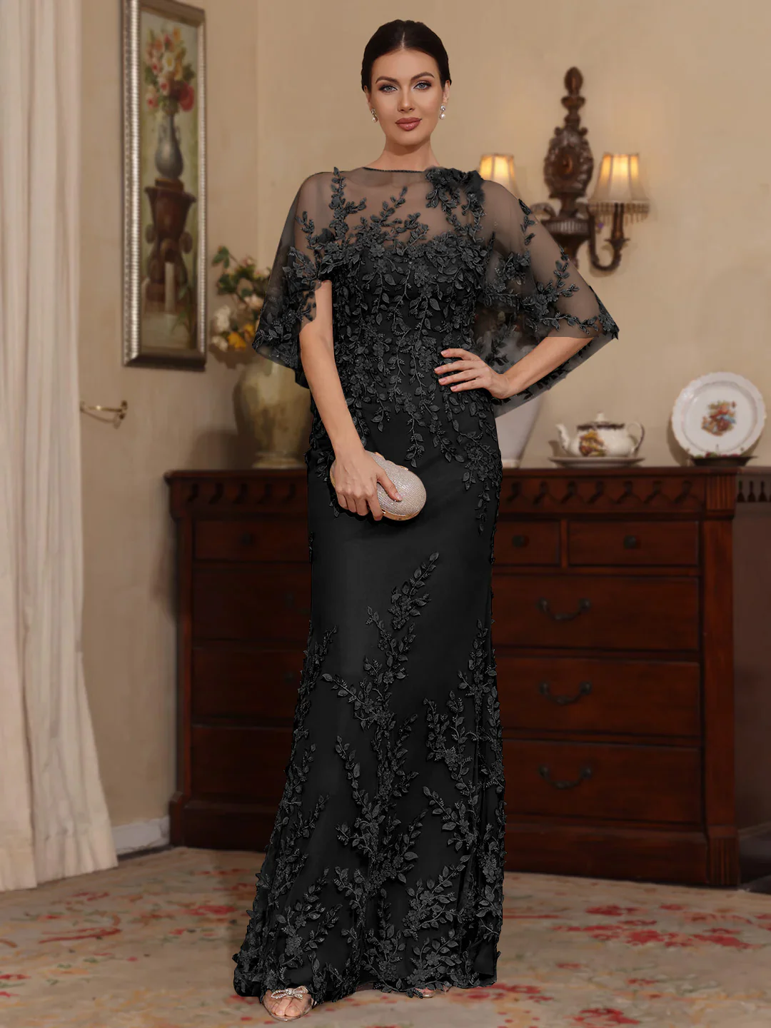 2 Pieces Sheath/Column Scoop Lace Mother of the Bride Dresses with Wrap Beading Floral Half Sleeves Floor-Length