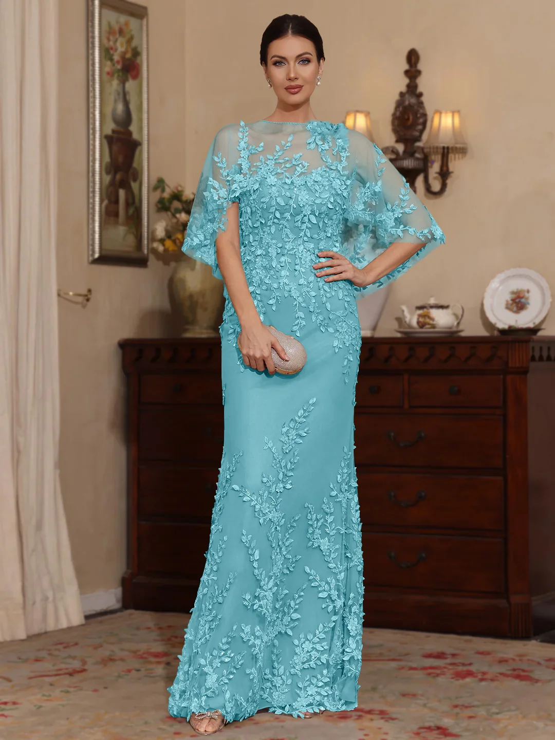 2 Pieces Sheath/Column Scoop Lace Mother of the Bride Dresses with Wrap Beading Floral Half Sleeves Floor-Length