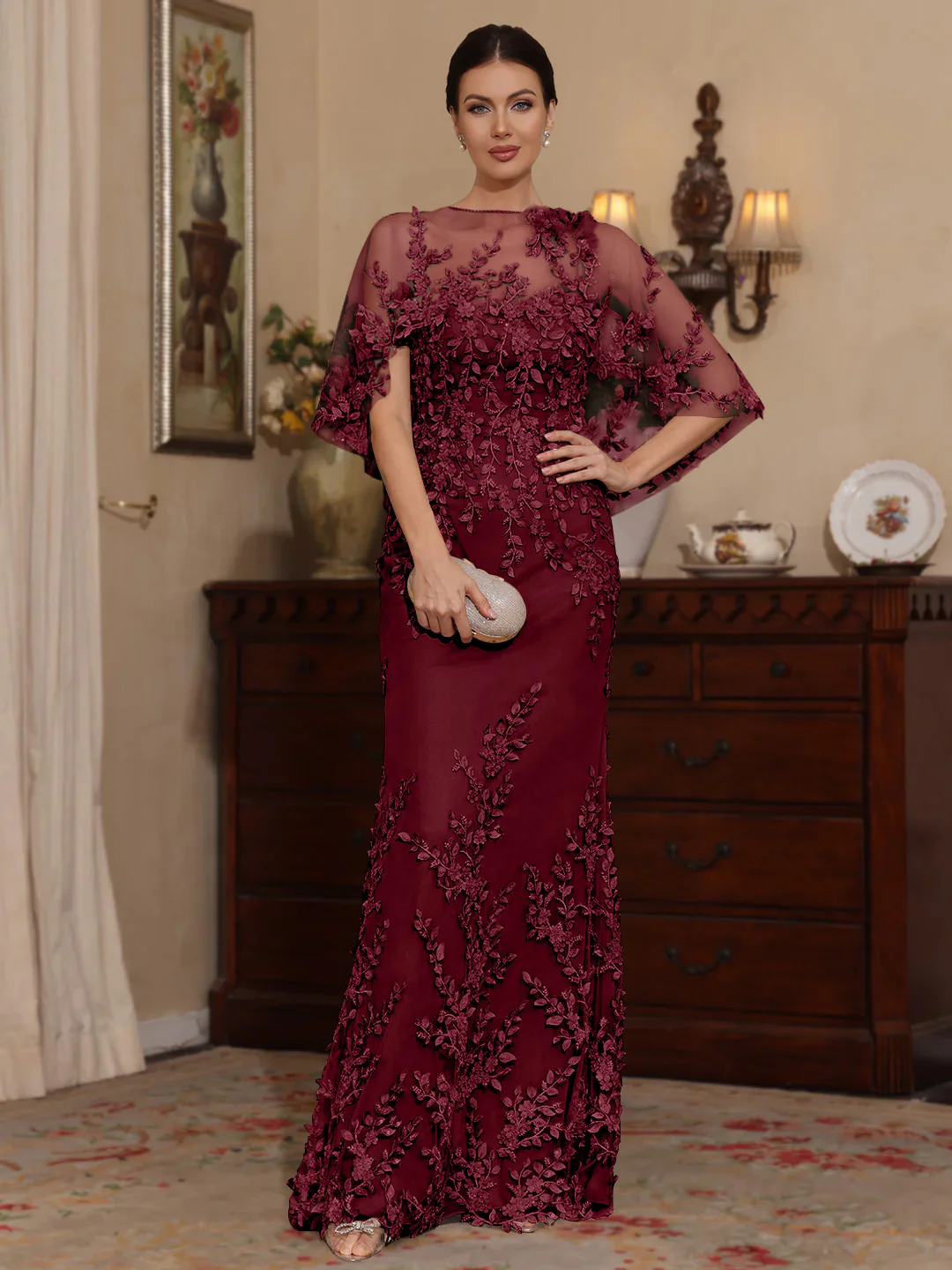 2 Pieces Sheath/Column Scoop Lace Mother of the Bride Dresses with Wrap Beading Floral Half Sleeves Floor-Length