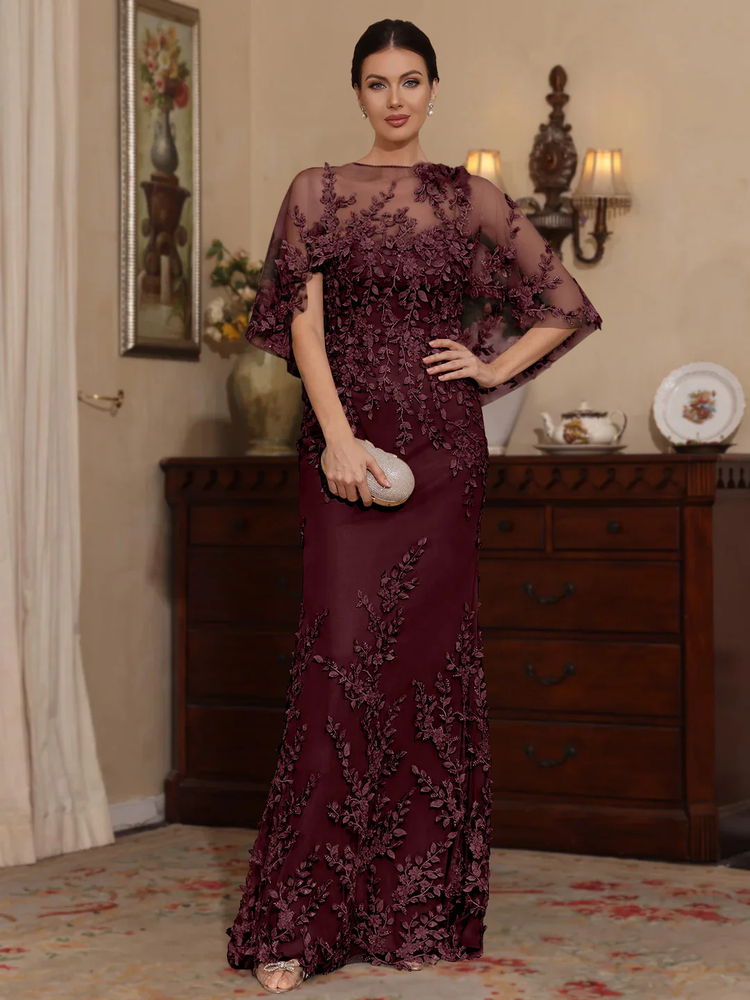 2 Pieces Sheath/Column Scoop Lace Mother of the Bride Dresses with Wrap Beading Floral Half Sleeves Floor-Length