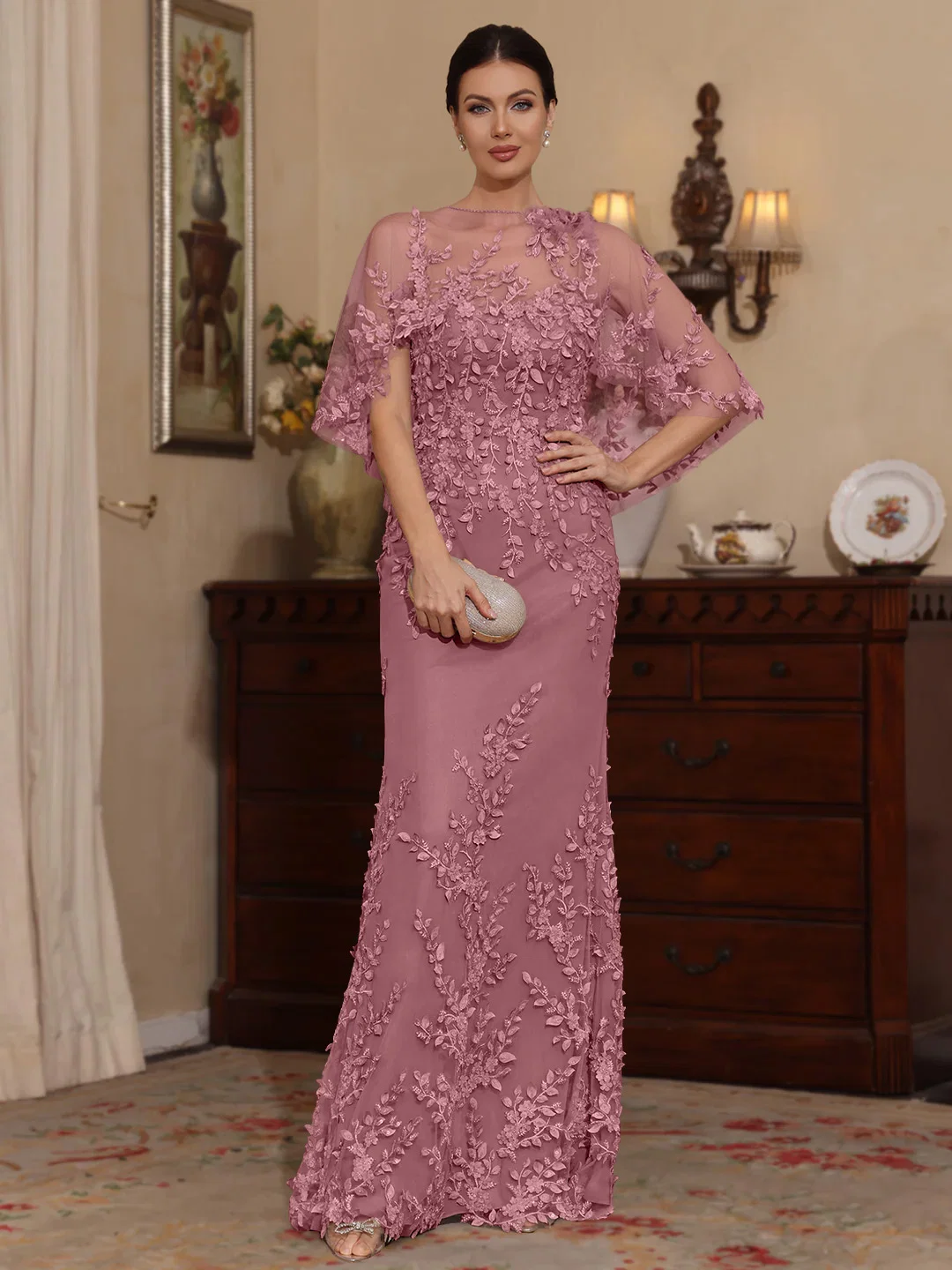 2 Pieces Sheath/Column Scoop Lace Mother of the Bride Dresses with Wrap Beading Floral Half Sleeves Floor-Length