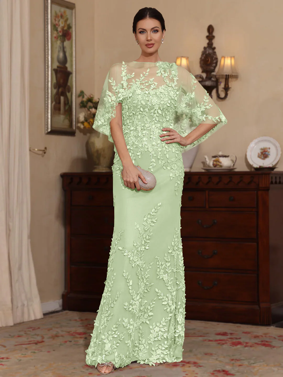 2 Pieces Sheath/Column Scoop Lace Mother of the Bride Dresses with Wrap Beading Floral Half Sleeves Floor-Length