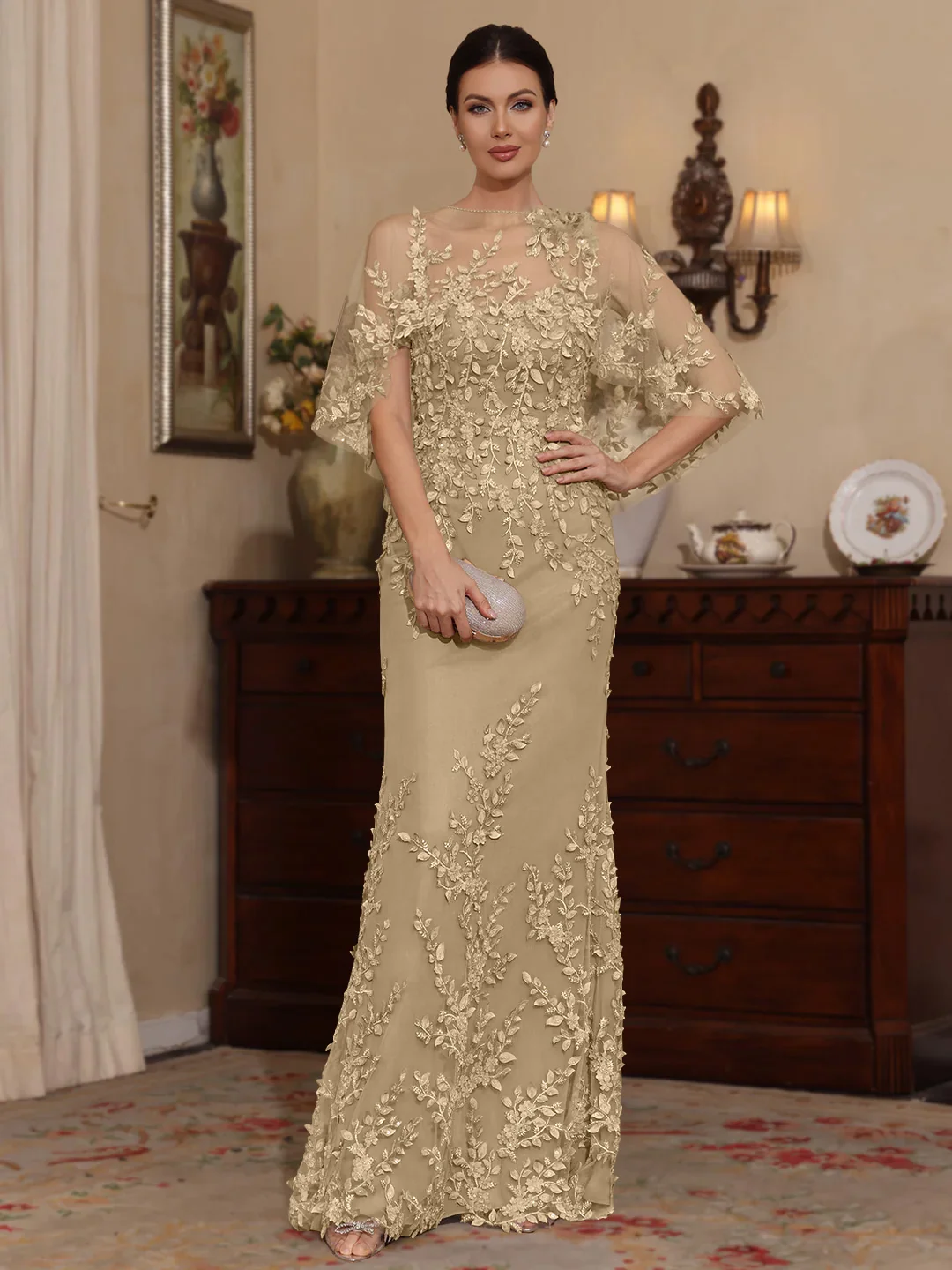 2 Pieces Sheath/Column Scoop Lace Mother of the Bride Dresses with Wrap Beading Floral Half Sleeves Floor-Length