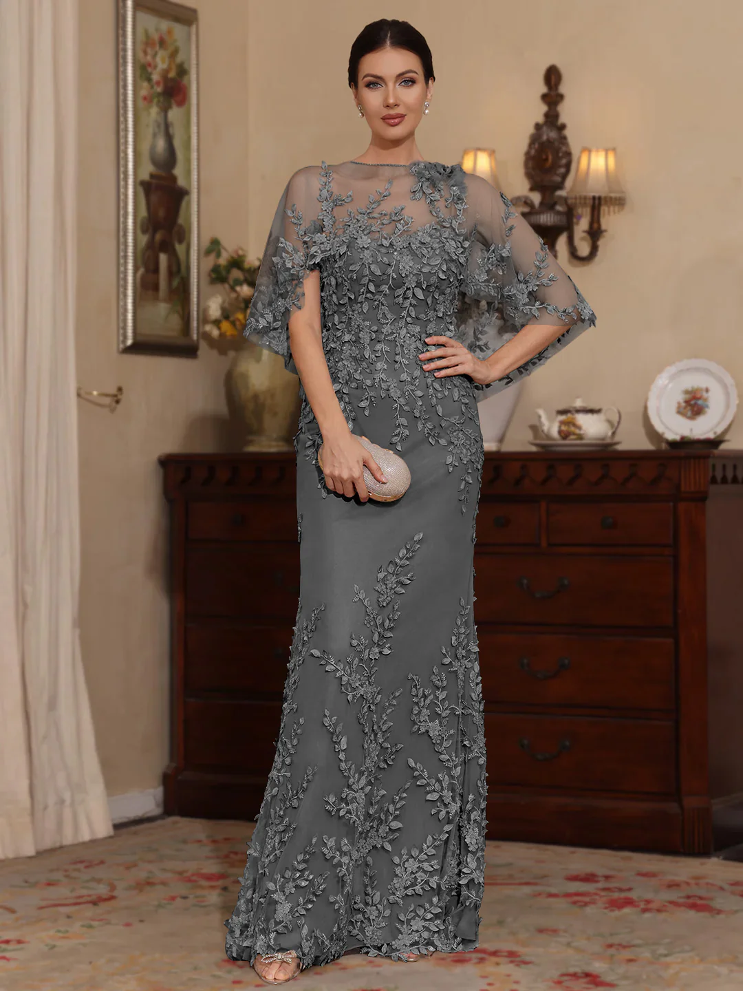 2 Pieces Sheath/Column Scoop Lace Mother of the Bride Dresses with Wrap Beading Floral Half Sleeves Floor-Length