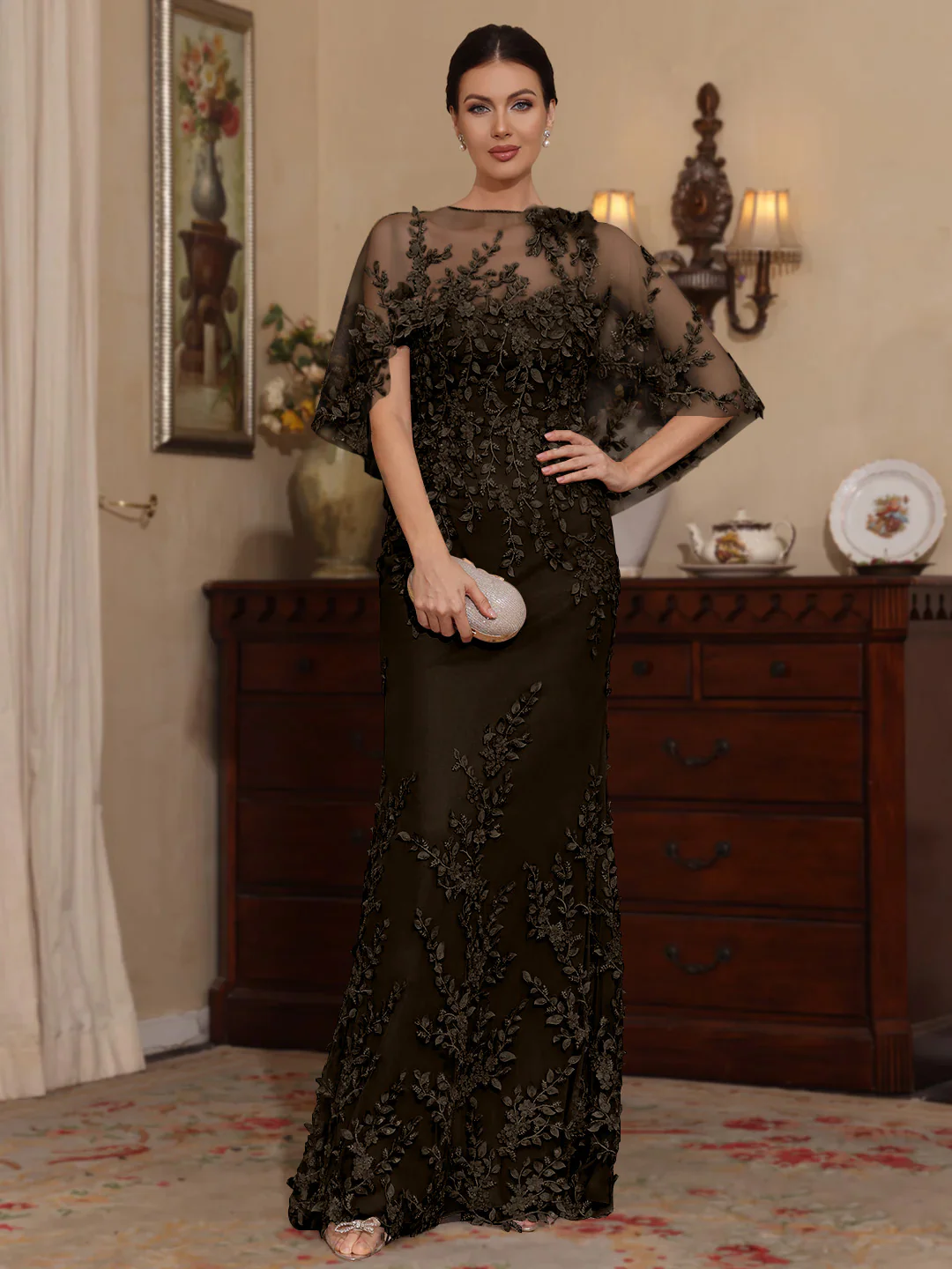 2 Pieces Sheath/Column Scoop Lace Mother of the Bride Dresses with Wrap Beading Floral Half Sleeves Floor-Length