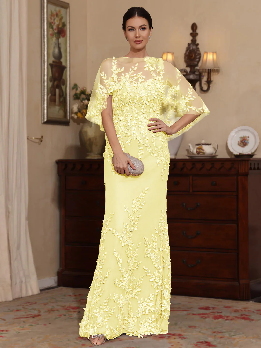 2 Pieces Sheath/Column Scoop Lace Mother of the Bride Dresses with Wrap Beading Floral Half Sleeves Floor-Length