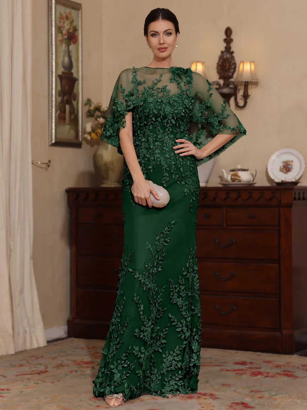 2 Pieces Sheath/Column Scoop Lace Mother of the Bride Dresses with Wrap Beading Floral Half Sleeves Floor-Length