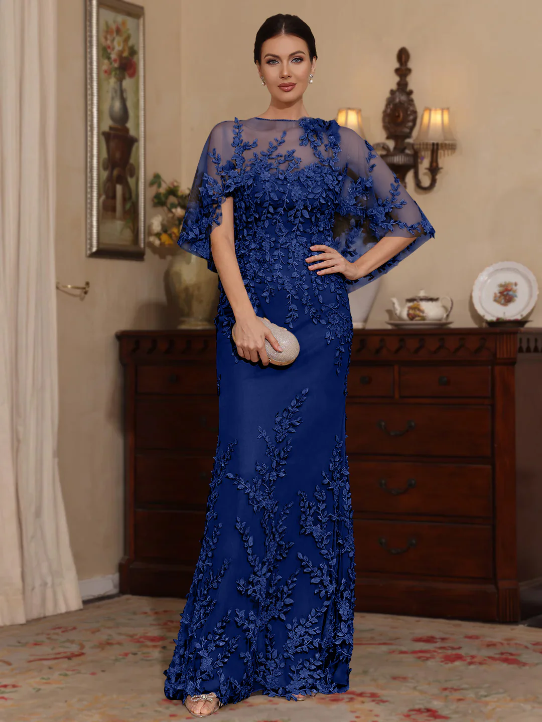 2 Pieces Sheath/Column Scoop Lace Mother of the Bride Dresses with Wrap Beading Floral Half Sleeves Floor-Length