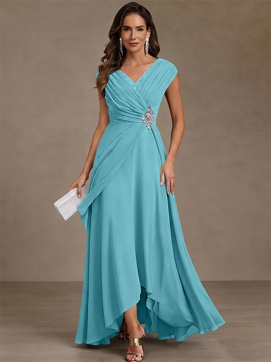 A-Line/Princess V-Neck Chiffon Mother of the Bride Dresses Asymmetrical Floor-Length Sequins Ruched