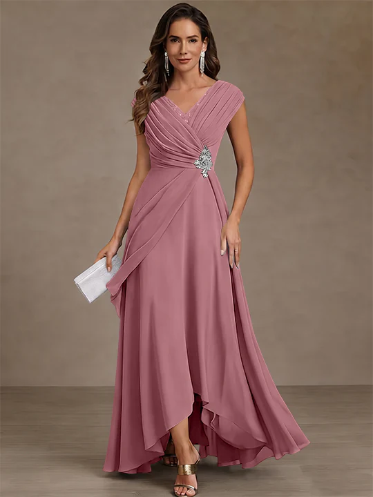 A-Line/Princess V-Neck Chiffon Mother of the Bride Dresses Asymmetrical Floor-Length Sequins Ruched