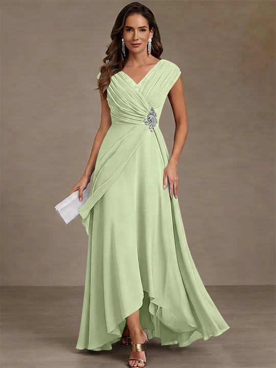 A-Line/Princess V-Neck Chiffon Mother of the Bride Dresses Asymmetrical Floor-Length Sequins Ruched