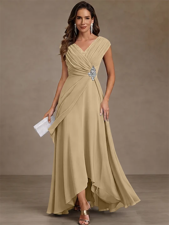 A-Line/Princess V-Neck Chiffon Mother of the Bride Dresses Asymmetrical Floor-Length Sequins Ruched