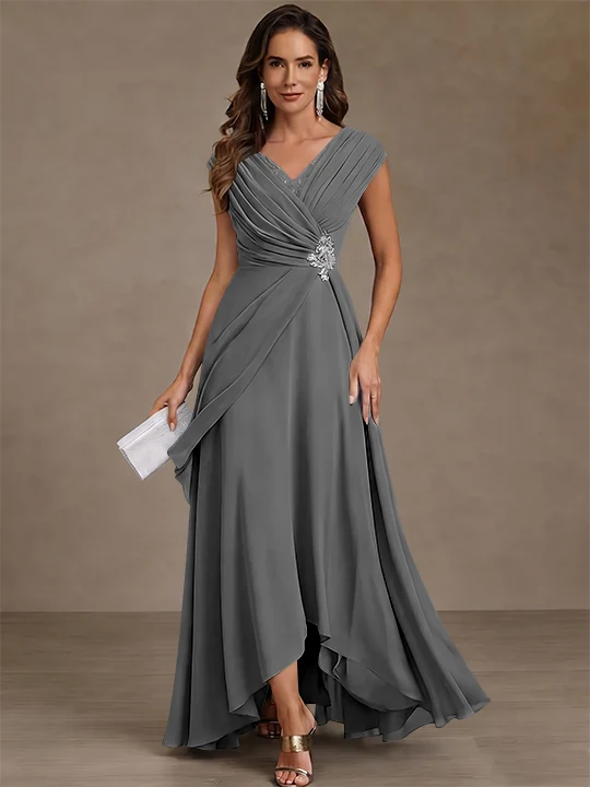 A-Line/Princess V-Neck Chiffon Mother of the Bride Dresses Asymmetrical Floor-Length Sequins Ruched
