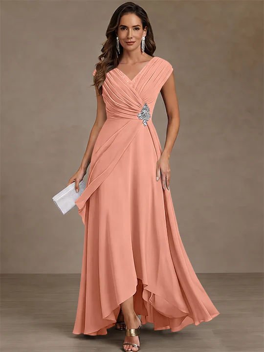 A-Line/Princess V-Neck Chiffon Mother of the Bride Dresses Asymmetrical Floor-Length Sequins Ruched