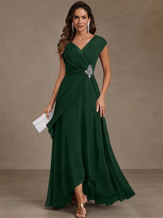 A-Line/Princess V-Neck Chiffon Mother of the Bride Dresses Asymmetrical Floor-Length Sequins Ruched