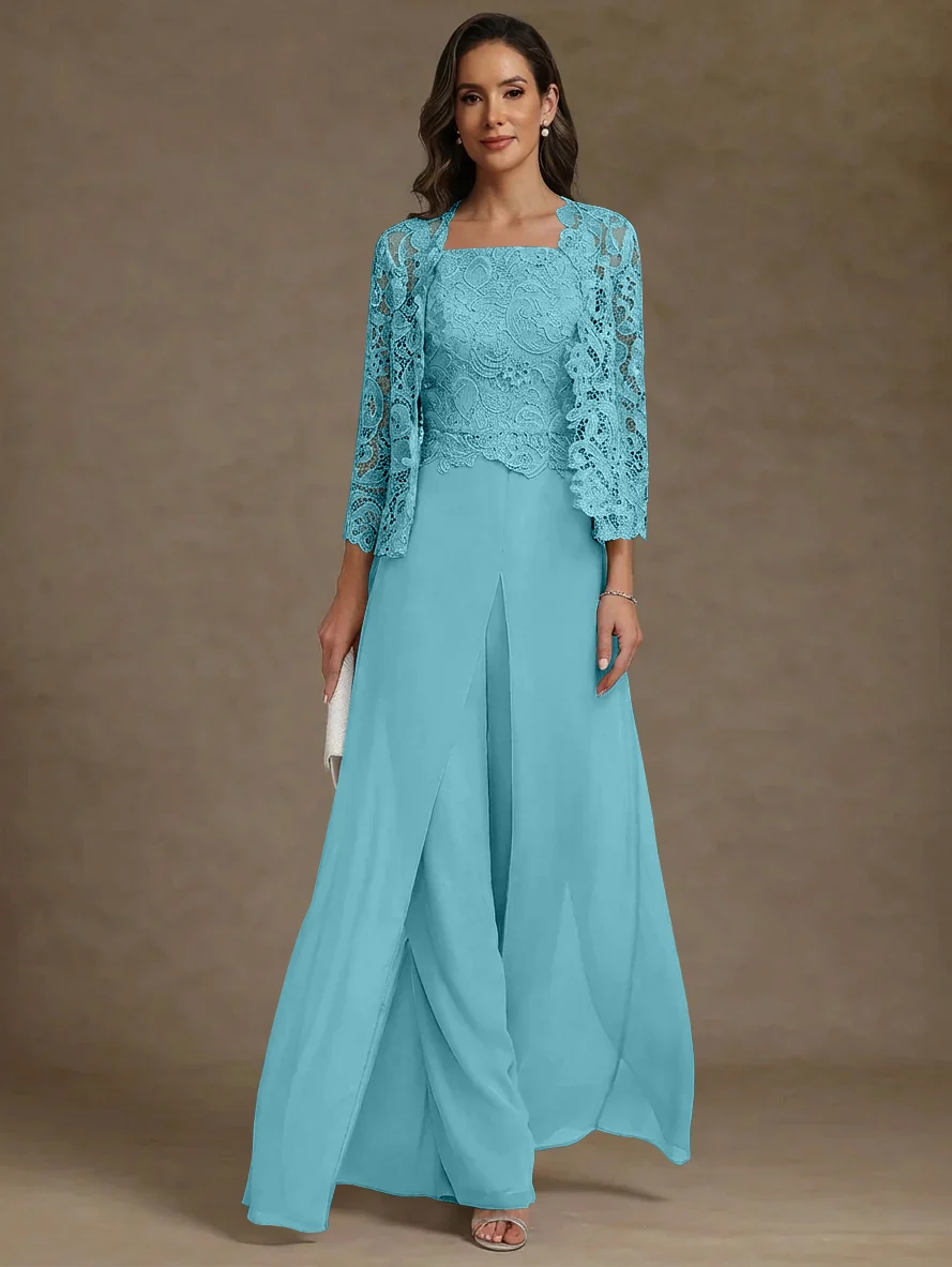 3 Pieces Square Collar Chiffon Mother of the Bride Pantsuits with Jacket Lace Ankle-Length with Overskirt 3/4 Sleeves