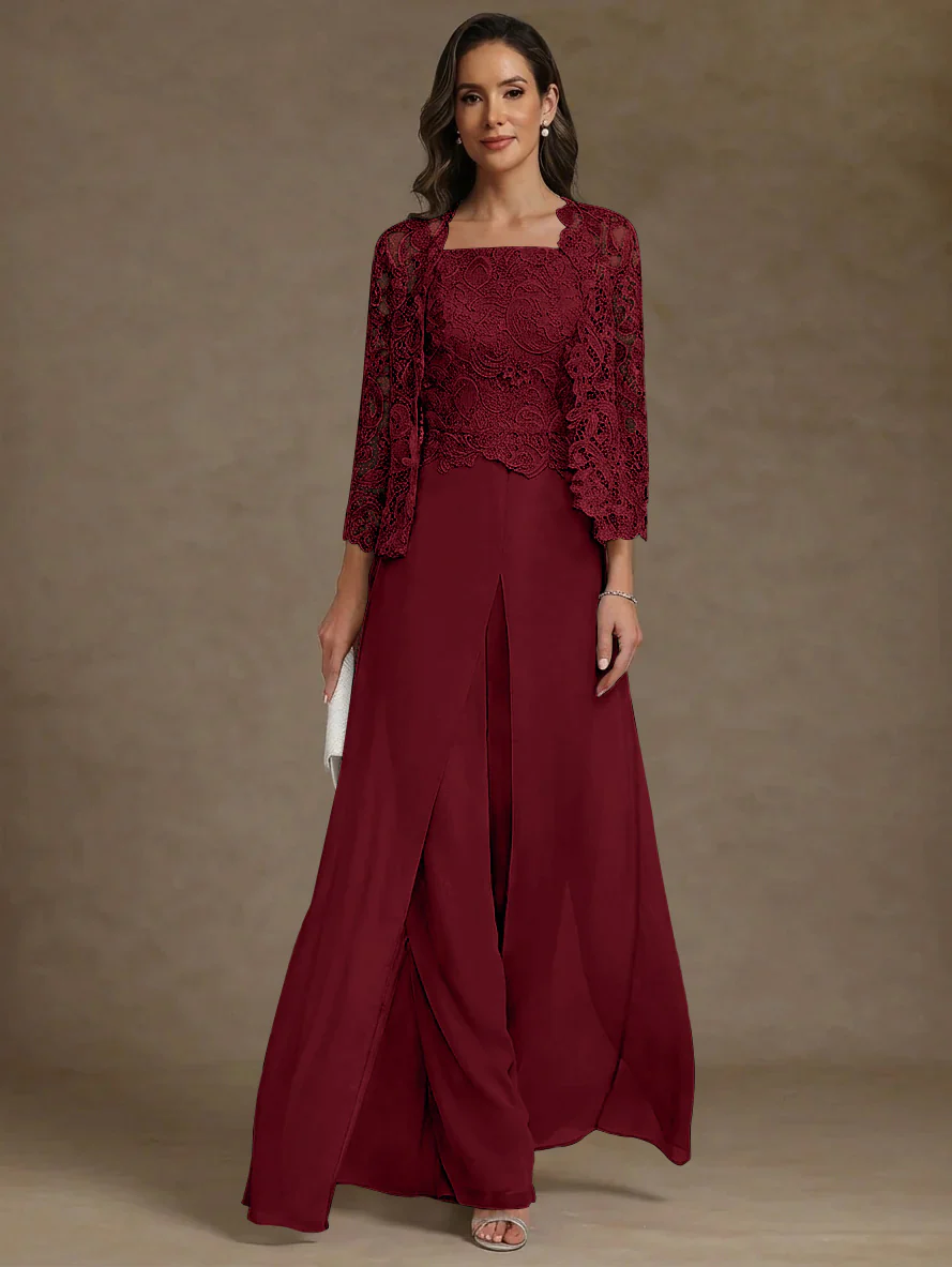 3 Pieces Square Collar Chiffon Mother of the Bride Pantsuits with Jacket Lace Ankle-Length with Overskirt 3/4 Sleeves