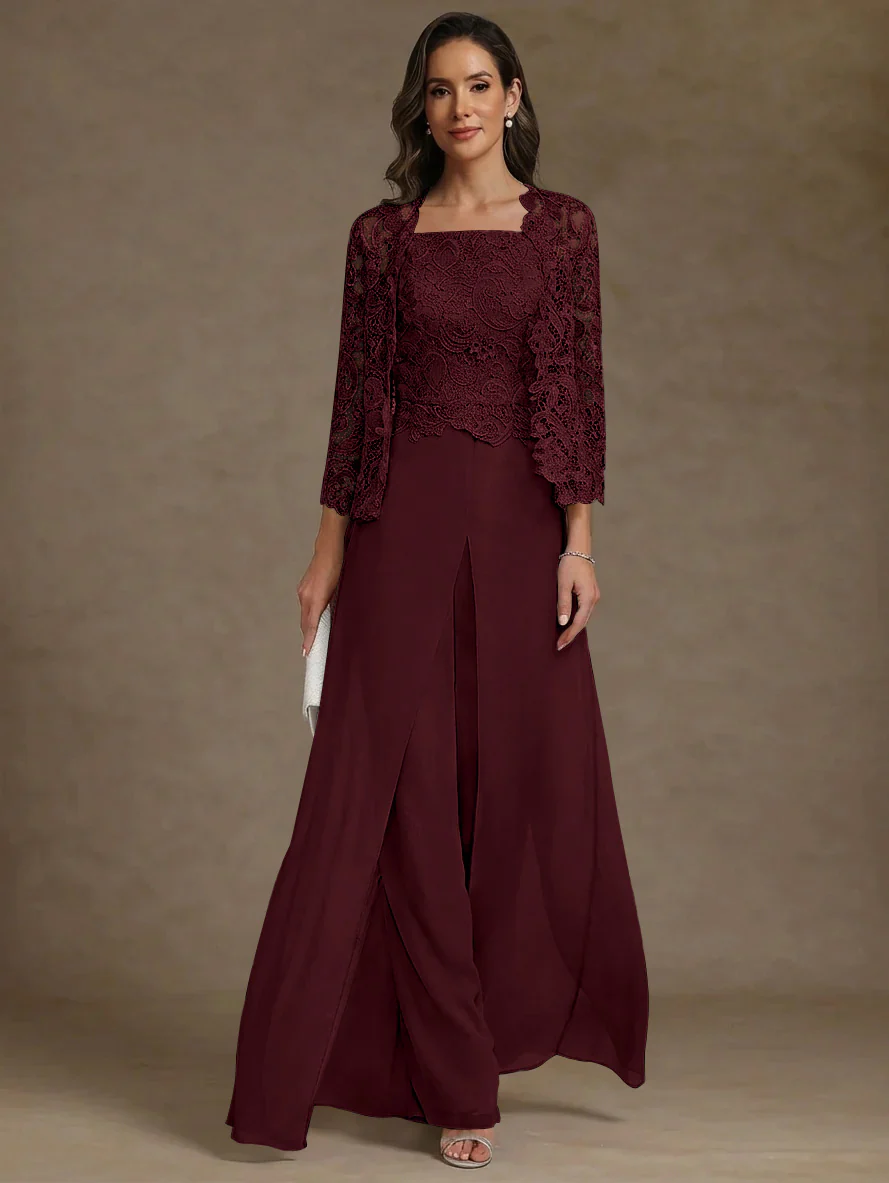 3 Pieces Square Collar Chiffon Mother of the Bride Pantsuits with Jacket Lace Ankle-Length with Overskirt 3/4 Sleeves