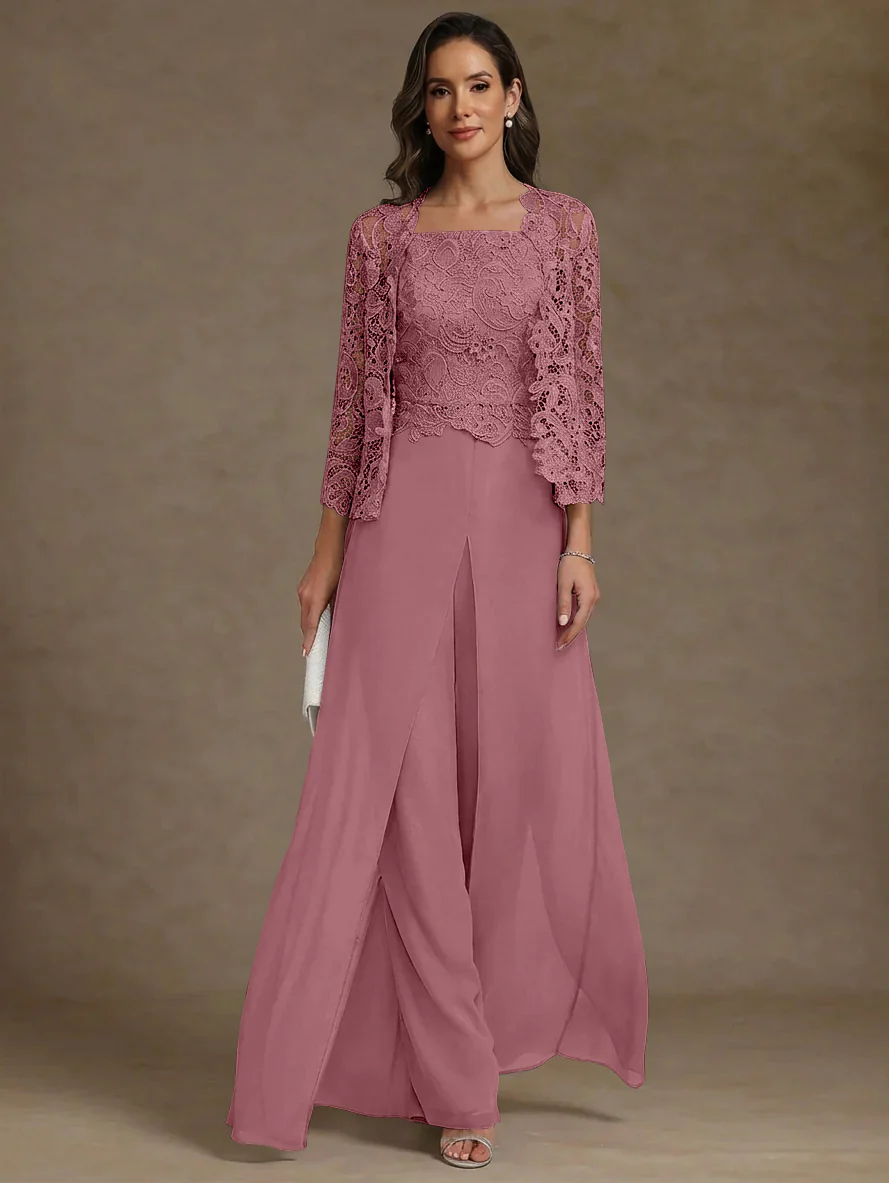 3 Pieces Square Collar Chiffon Mother of the Bride Pantsuits with Jacket Lace Ankle-Length with Overskirt 3/4 Sleeves