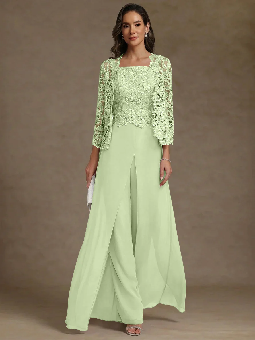 3 Pieces Square Collar Chiffon Mother of the Bride Pantsuits with Jacket Lace Ankle-Length with Overskirt 3/4 Sleeves
