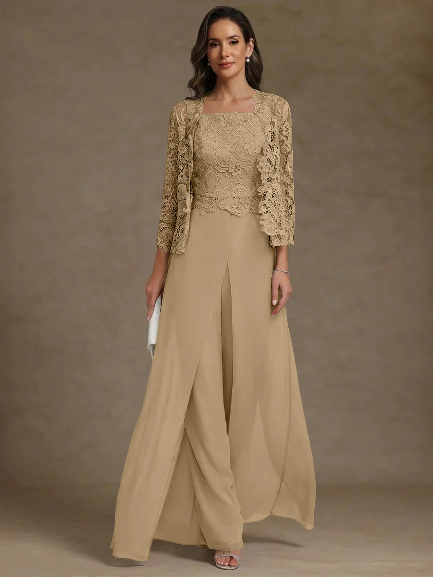 3 Pieces Square Collar Chiffon Mother of the Bride Pantsuits with Jacket Lace Ankle-Length with Overskirt 3/4 Sleeves