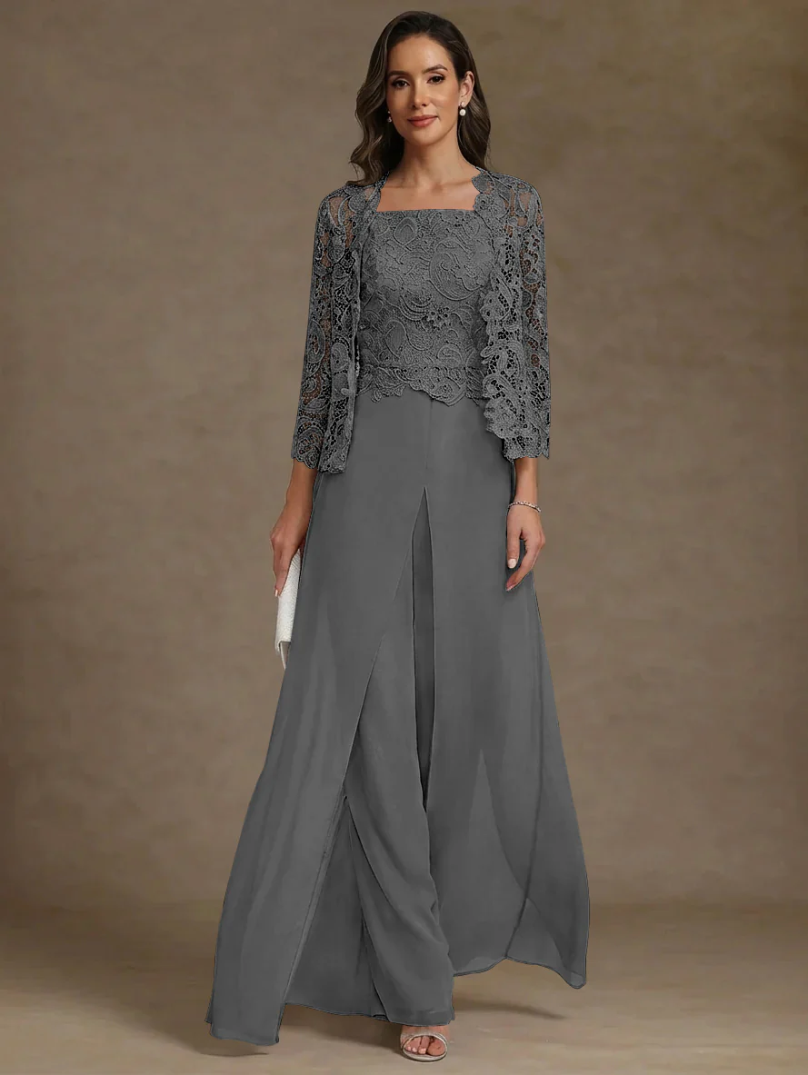 3 Pieces Square Collar Chiffon Mother of the Bride Pantsuits with Jacket Lace Ankle-Length with Overskirt 3/4 Sleeves